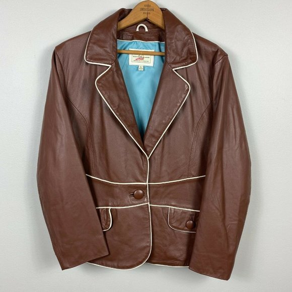 Wilsons Leather Jacket L Womens Retro V-Neck 1-Button Pockets Brown White Piping - Picture 1 of 10